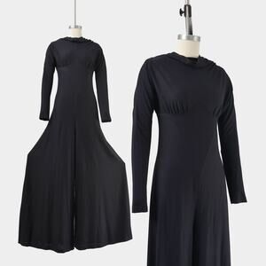 Vintage 70s Black Palazzo Jumpsuit Wide Leg Knit One Piece Jumpsuit size XS S